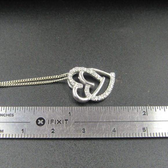 18" Sterling Silver Cubic Zirconia Double Heart Pendant Necklace Vintage - Picture 6 of 7